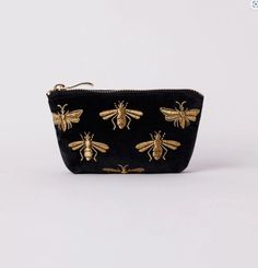 Honey Bee Coin Purse Charcoal – Foxtail Boutique XO Elizabeth Scarlett, Black Bee, Illustrated Gift, Surprises For Her, Bee Embroidery, Gold Bee, Gold Threads, Day Bag, Cotton Velvet