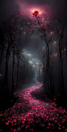 a dark forest with pink flowers on the ground