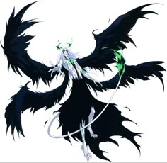 an anime character with black wings and green eyes, holding a string in her hand