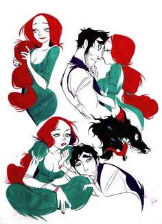 some drawings of people with red hair and green dress, one is holding a black cat