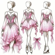 an illustration of a pink dress with bows on the waist and back, in three different views