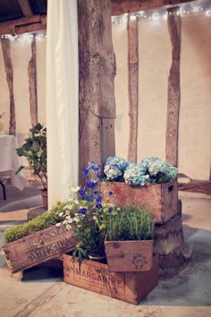 some flowers are sitting in wooden boxes on the floor next to a white table cloth