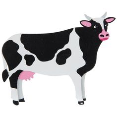 a black and white cow with pink spots on it's face is standing in front of a white background