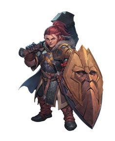 Female Dwarf Fighter Hammer Shield Warrior - Pathfinder 2E 2.1 PFRPG PFSRD DND D&D 3.5 5E d20 fantasy Dwarven Design, D&d Cleric, Hammer Warrior, Dwarves Art, Fighter Rpg, Half Plate Armor, Fighter Dnd, Shield Warrior, Dnd Fighter