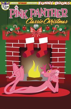 the pink panther classic christmas movie poster is shown in front of a fireplace with stockings and stockings