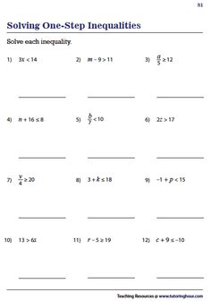 the worksheet for solve one - step inequilities with two numbers