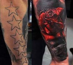 two different tattoos on both arms one with a rose and the other with an arrow