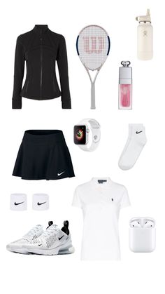 various items are arranged in the shape of a woman's tennis outfit and shoes