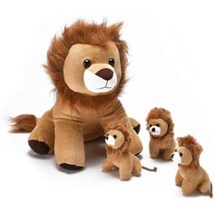 a stuffed lion sitting next to two smaller ones