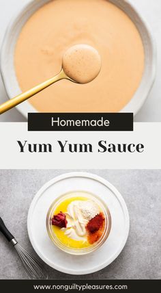 homemade yum sauce in a bowl with a spoon on the side, and an image of