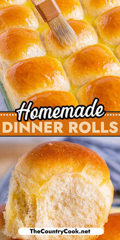 homemade dinner rolls in a baking pan with a brush sticking out of the top one