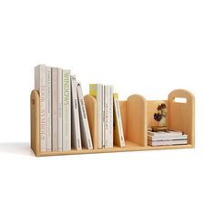 a wooden book shelf with books on it