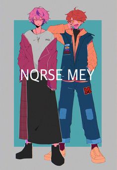 two people standing next to each other with the words norse mey on them