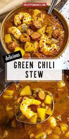 green chili stew with shrimp and potatoes in a skillet