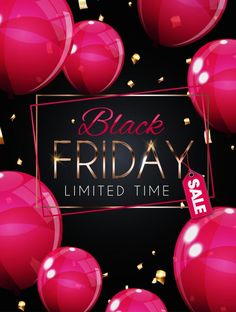 black friday sale banner with red balloons and gold confetti on the bottom corner