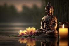 a buddha statue sitting on top of a body of water next to a lit candle