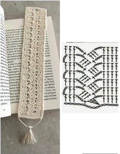 an open book with crochet and tassels next to a photo of the cover