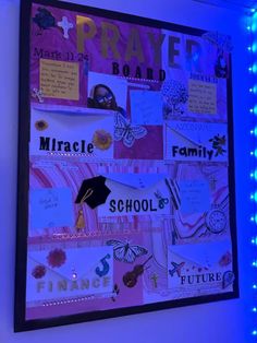 a bulletin board that has been decorated with school related items and lights on the wall