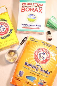 the ingredients needed to make homemade baking sodas are laid out on a white surface