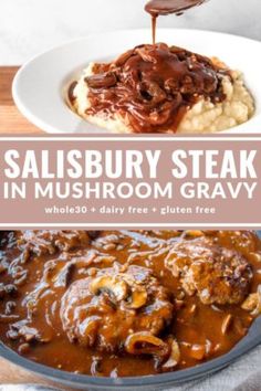 salisbury steak in mushroom gravy is being drizzled over mashed potatoes