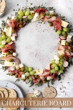 Christmas charcuterie board in a wreath shape with various meats, cheese and fruit. Charcuterie Wreath Board, Christmas Charcuterie Wreath, Charcuterie Wreath, Christmas Charcuterie Board Ideas, Edible Wreath, Christmas Charcuterie Board, Christmas Charcuterie, Charcuterie Board Ideas