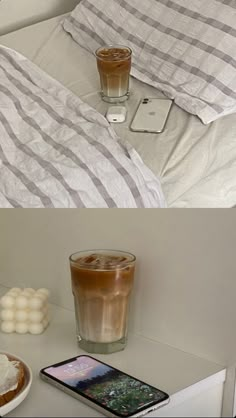 two pictures side by side, one with a cup of coffee and the other with marshmallows