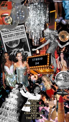 a collage of photos with people dressed up in costumes and accessories, including an advertisement for studio 54