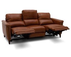 a brown leather reclining sofa with two seats on the back and one arm facing forward