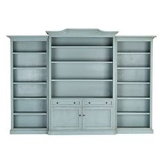 a blue bookcase with three doors and two cupboards on the bottom, one door open