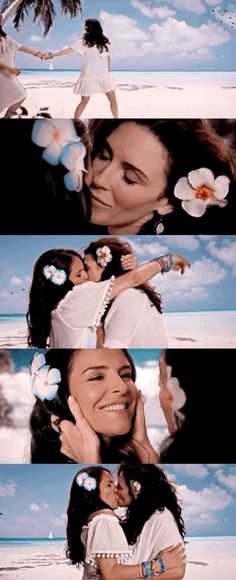 two women are kissing on the beach with palm trees in the background and blue sky