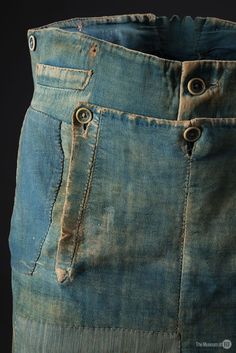 Fall-front, men's work pants, denim & brushed cotton, with watch pocket & buttons for braces (suspenders), brass buttons, ca. 1840s. Jeans Recycling, Moda Denim, Mens Work Pants, Jean Vintage, Fashion Institute, Long John, Pants Denim