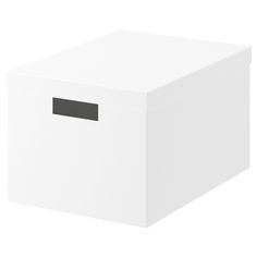 a white storage box with a black label on the front and bottom lid is shown