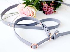 two gray leashes with pink flowers on the side and white table in the background