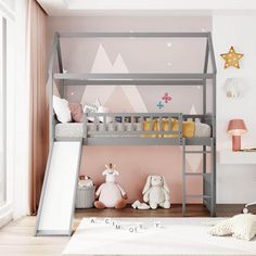 a child's bedroom with a bunk bed and toy animals on the floor next to it