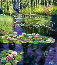 a painting of water lilies in a pond