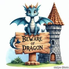 a sign with a dragon sitting on top of it next to a tower and castle