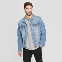 Men's Denim Trucker Jacket - Goodfellow & Co Light Wash M Denim Jacket Outfit, Jean Jacket Men, Denim Trucker Jacket, Cropped Denim Jacket, Denim Jacket Men, Cool Jackets, Denim Details, Ripped Denim, Trucker Jacket