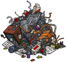 a pile of garbage with various items piled on top of each other in the middle