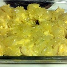 a glass casserole dish filled with scrambled eggs