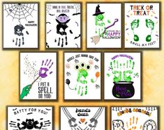 six halloween cards with handprints on them