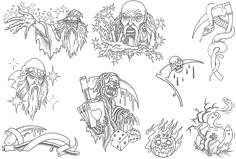 several drawings of different things in the style of cartoon characters, including an octopus and other creatures