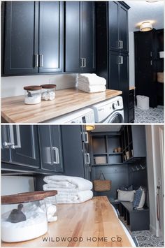 two pictures show the inside of a kitchen and laundry room with dark cabinets, wood counter tops, and white towels stacked on top