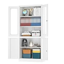 a white bookcase with three shelves filled with books and office supplies on top of each shelf