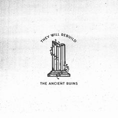 the ancient ruins logo is shown in black and white, with an image of a tall tower