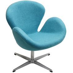 the egg chair is upholstered with an aluminum base and has a bright blue fabric