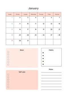 the printable calendar for january is shown in pink and peach tones, with two separate sections