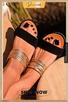 Suede Non-slip Rome Flat Sandals Chic Gold Open Toe Slides, Chic Flat Footbed Sandals For Beach, Chic Flat Heel Toe Ring Sandals For Beach, Chic Gold Slides For Vacation, Gold Slides For Spring Party, Summer Party Slide Sandals, Chic Flat Heel Toe Ring Sandals For Summer, Chic Flat Heel Toe Ring Sandals For Vacation, Gold Round Toe Slides For Beach