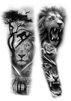 an arm tattoo with two lions and a tree in the background, one is black and white