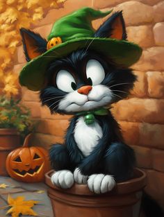 a painting of a black and white cat wearing a green hat sitting in a pot