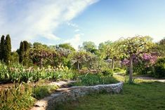 a stone wall in the middle of a garden